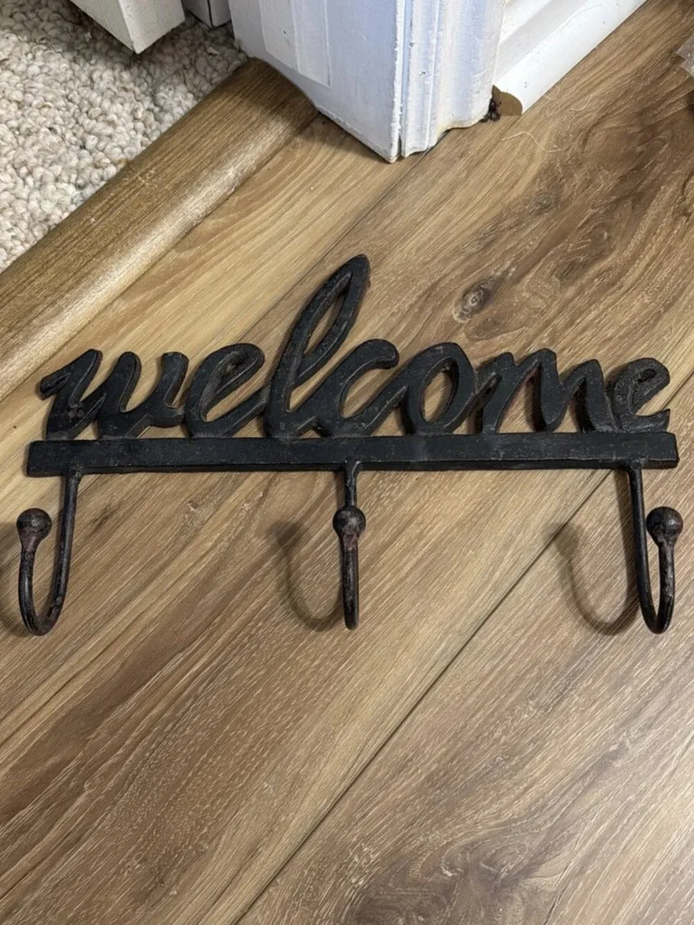 Vintage Cast Iron Welcome 3 Hook Wall Mount Coat Hanger